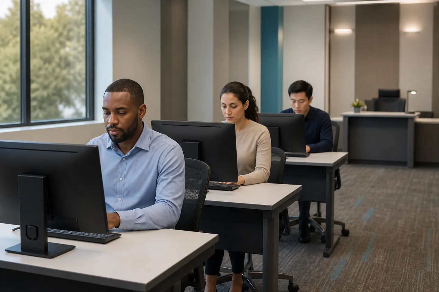 Adult candidates focused at desktop testing workstations